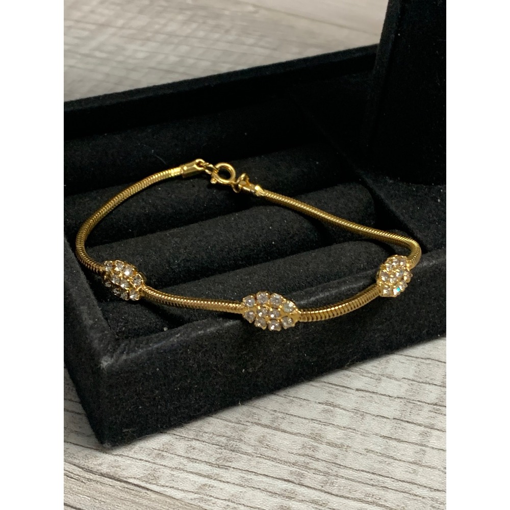 Gold Tone Snake Chain Rhinestone Floral Station Bracelet 6.5 Inch 5242